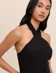 Black Wrap Neck Tailored Midi Dress