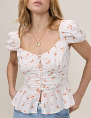 White Floral Ruched Top