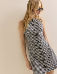 Black Gingham Slash Neck Tailored Mini Dress
