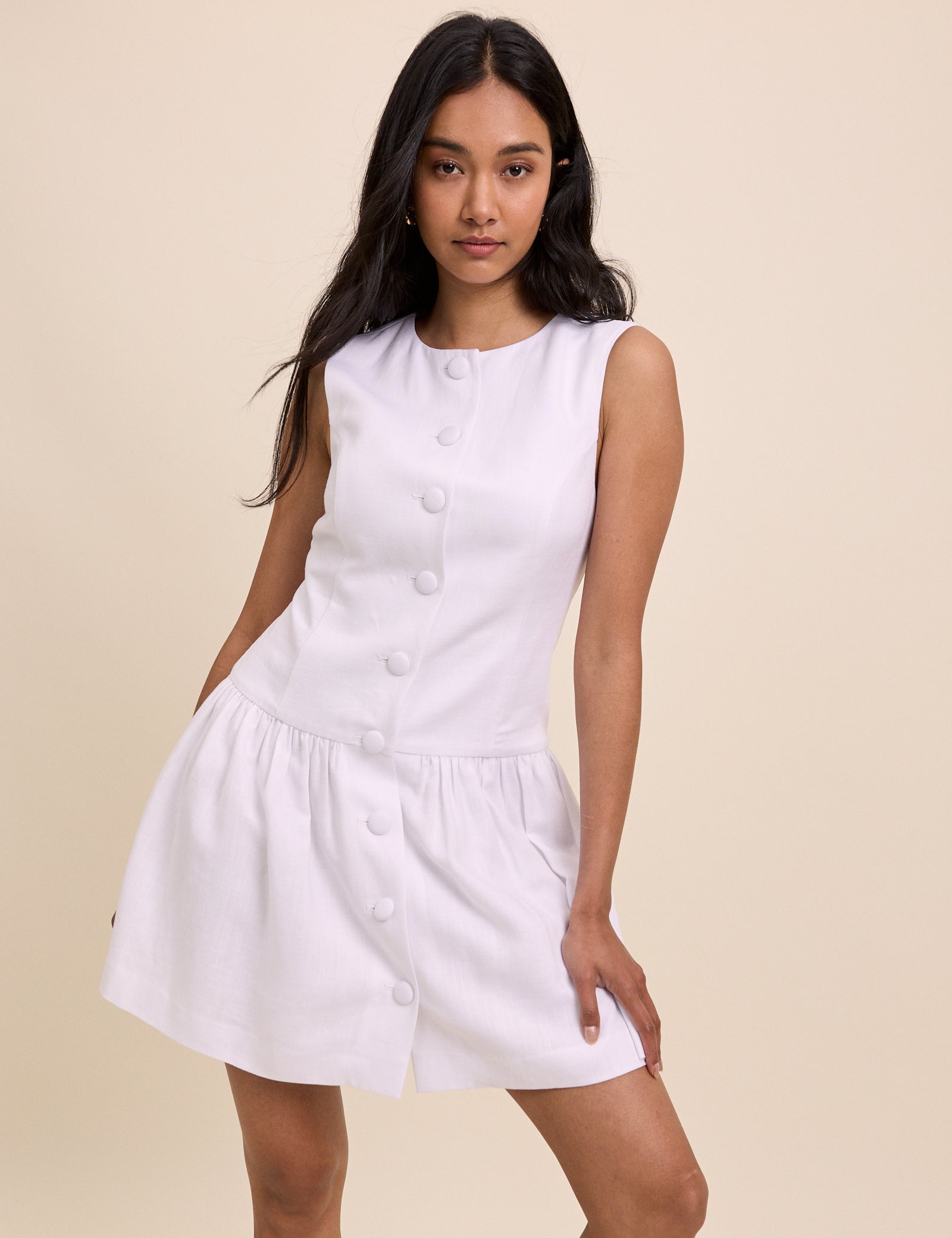 White Tailored Drop Waist Mini Dress