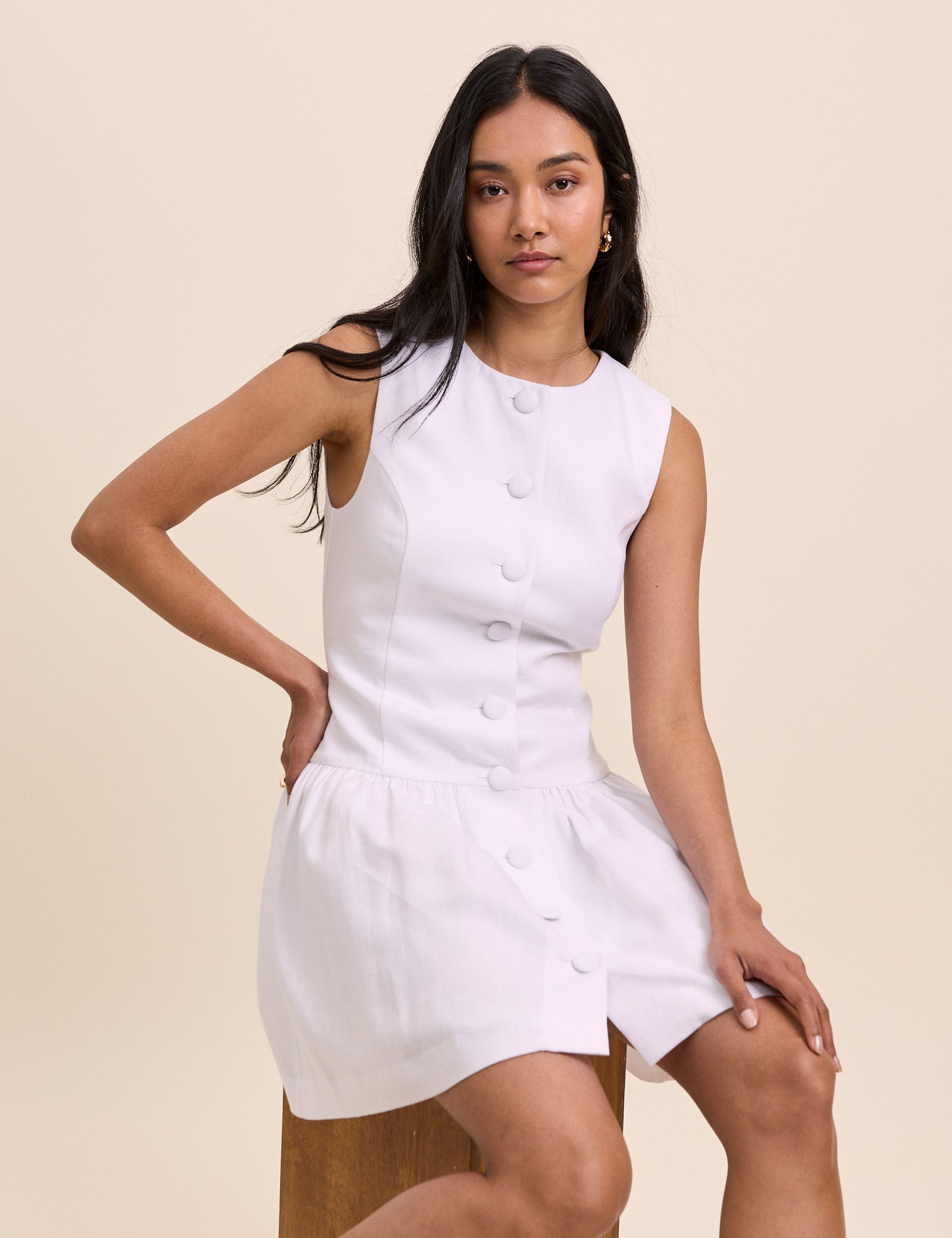 White Tailored Drop Waist Mini Dress