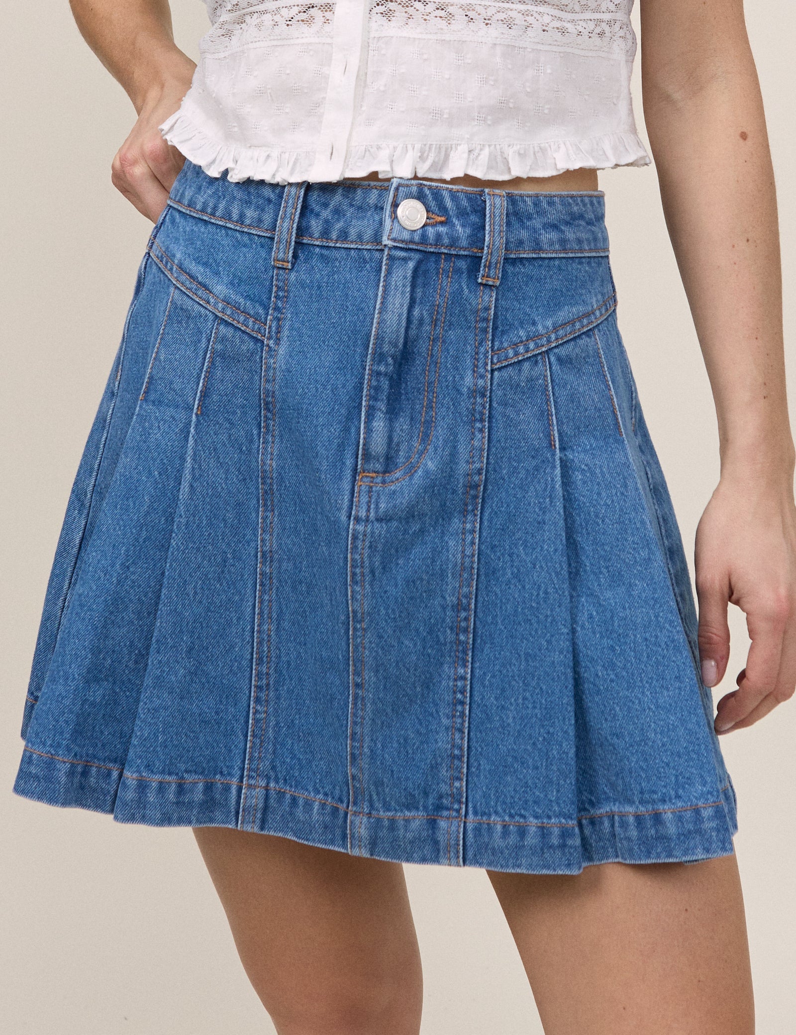 Blue Denim Pleated Mini Skirt
