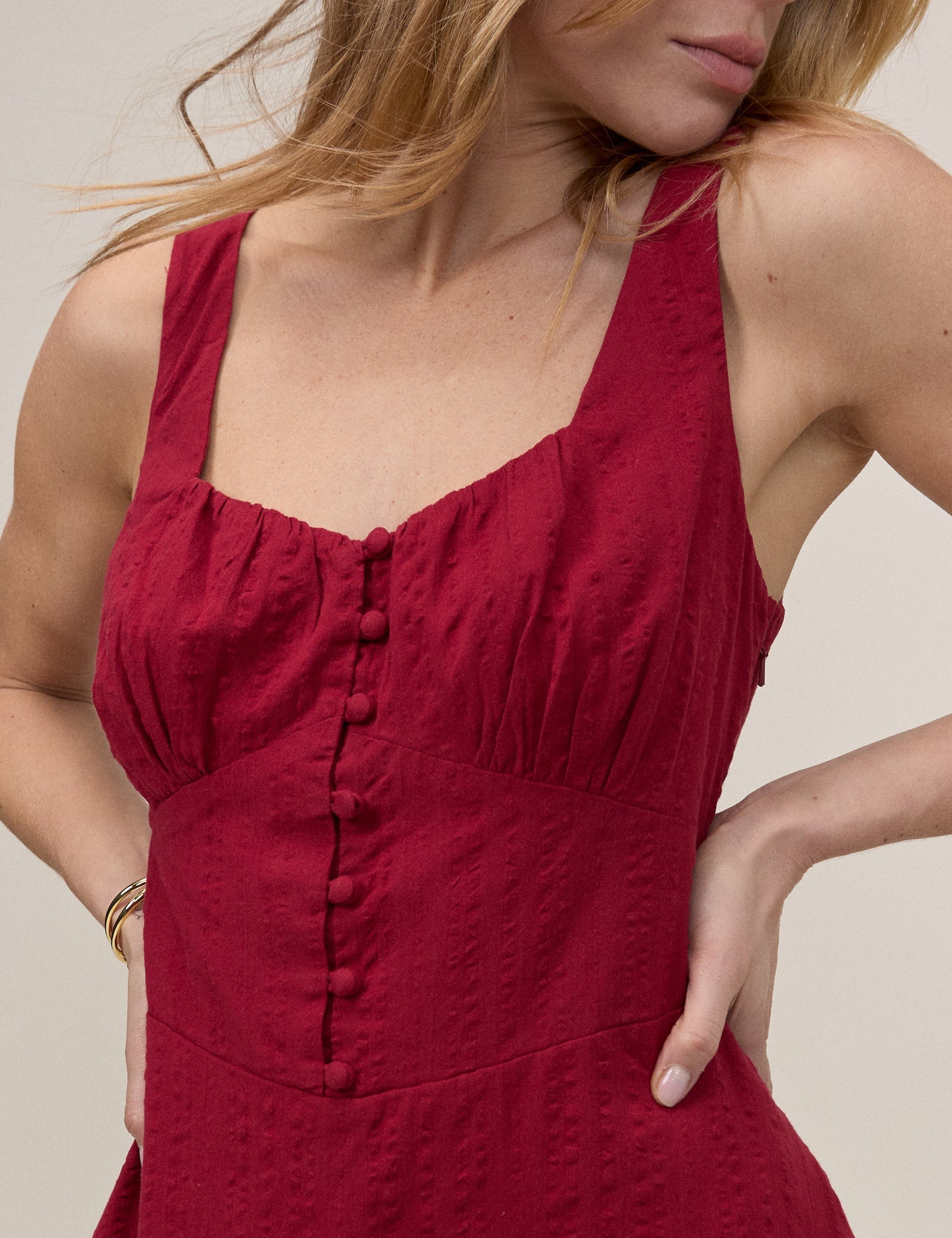 Red Button Front Sleeveless Melody Midi Dress