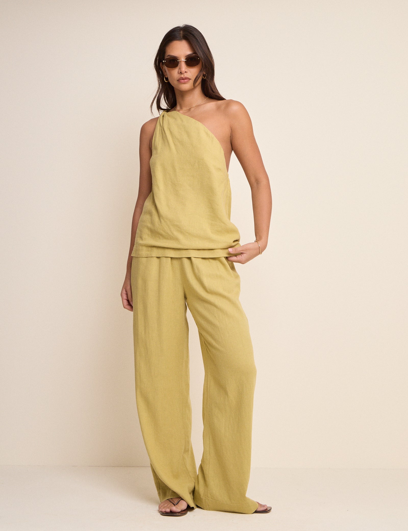 Sage Green Linen-Blend One Shoulder Twisted Top