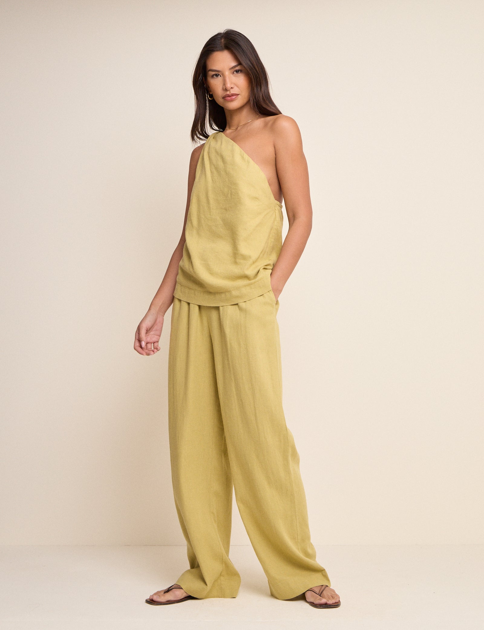 Sage Green Linen-Blend One Shoulder Twisted Top