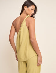 Sage Green Linen-Blend One Shoulder Twisted Top