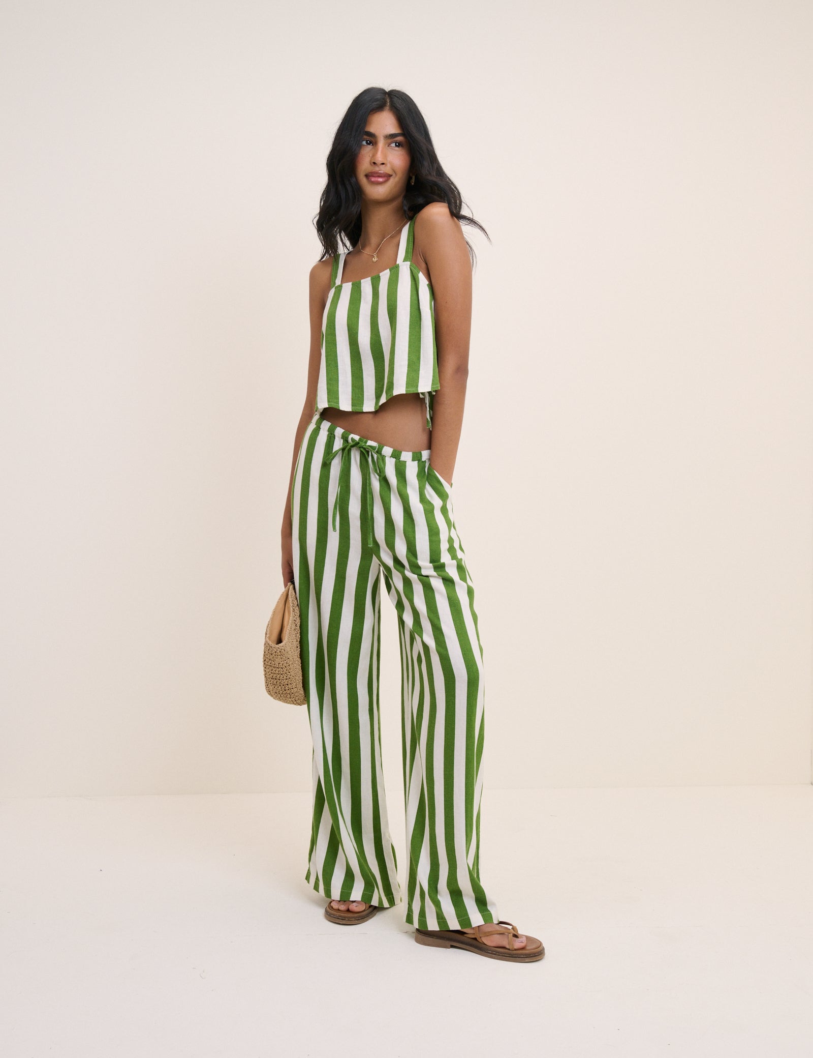 Green Striped Linen-Blend Swing Top