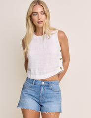 White Linen-Blend Button Side Crop Top