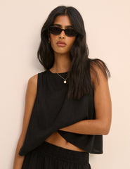 Black Wrap Detail Linen-Blend Tank Top