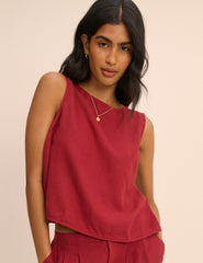 Red Linen-Blend Wrap Detail Tank Top