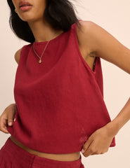Red Linen-Blend Wrap Detail Tank Top
