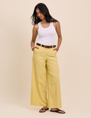 Yellow Linen-Blend Wide Leg Tailored Trousers