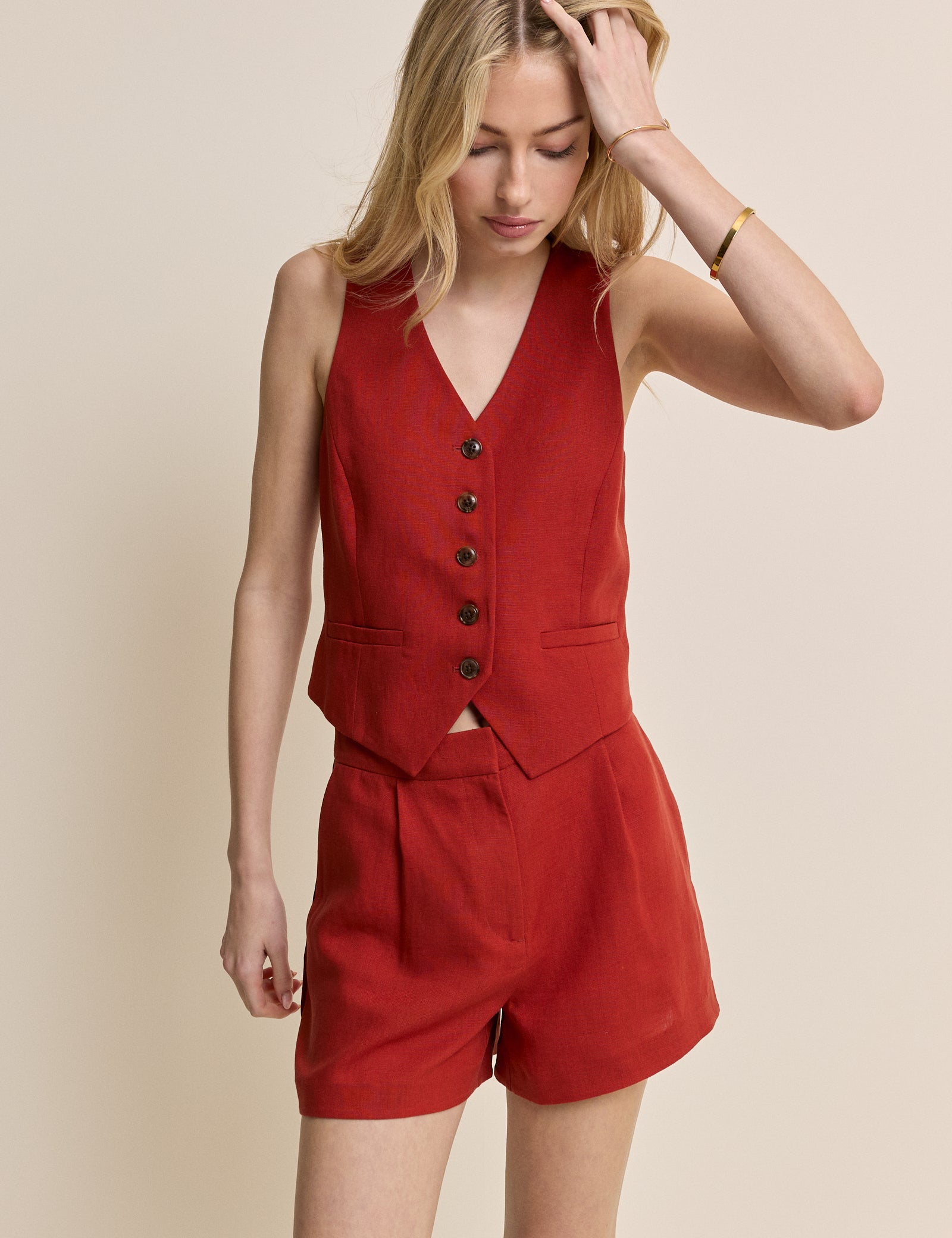 Rust Linen-Blend Tailored Shorts