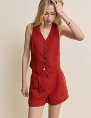 Rust Linen-Blend Tailored Shorts