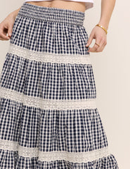 Navy Gingham Shirred Tiered Leonor Maxi Skirt