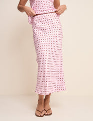 Pink and Brown Polka Dot Satin Midi Skirt