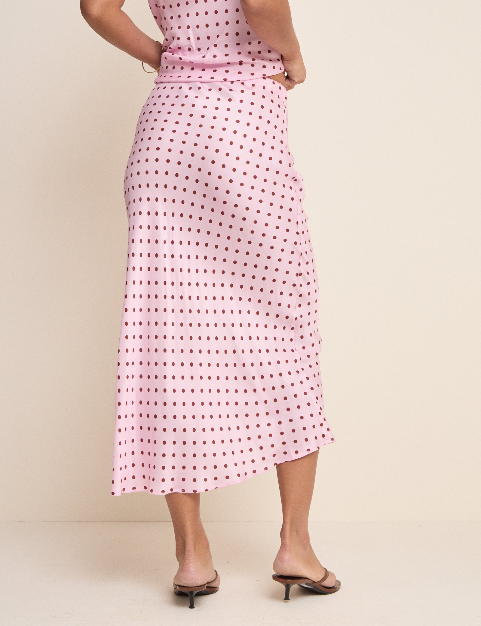 Pink and Brown Polka Dot Satin Midi Skirt