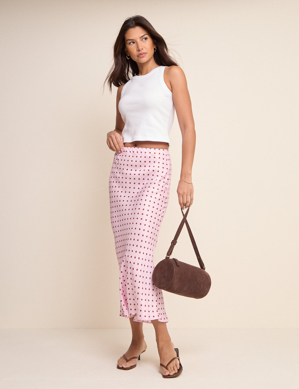 Pink and Brown Polka Dot Satin Midi Skirt