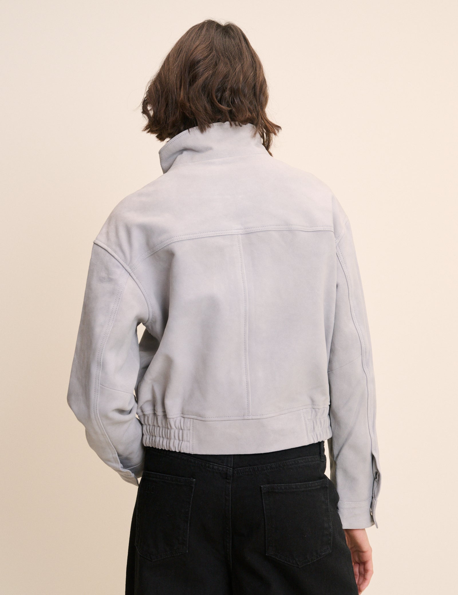 Grey Funnel Neck Suede Bomber