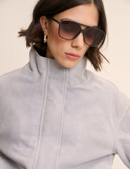 Grey Funnel Neck Suede Bomber