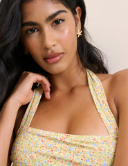 Yellow Ditsy Floral Halterneck Ruched Swimsuit