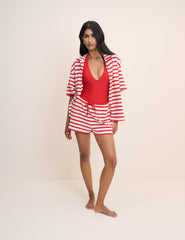 Red Striped Towelling Beach Shirt