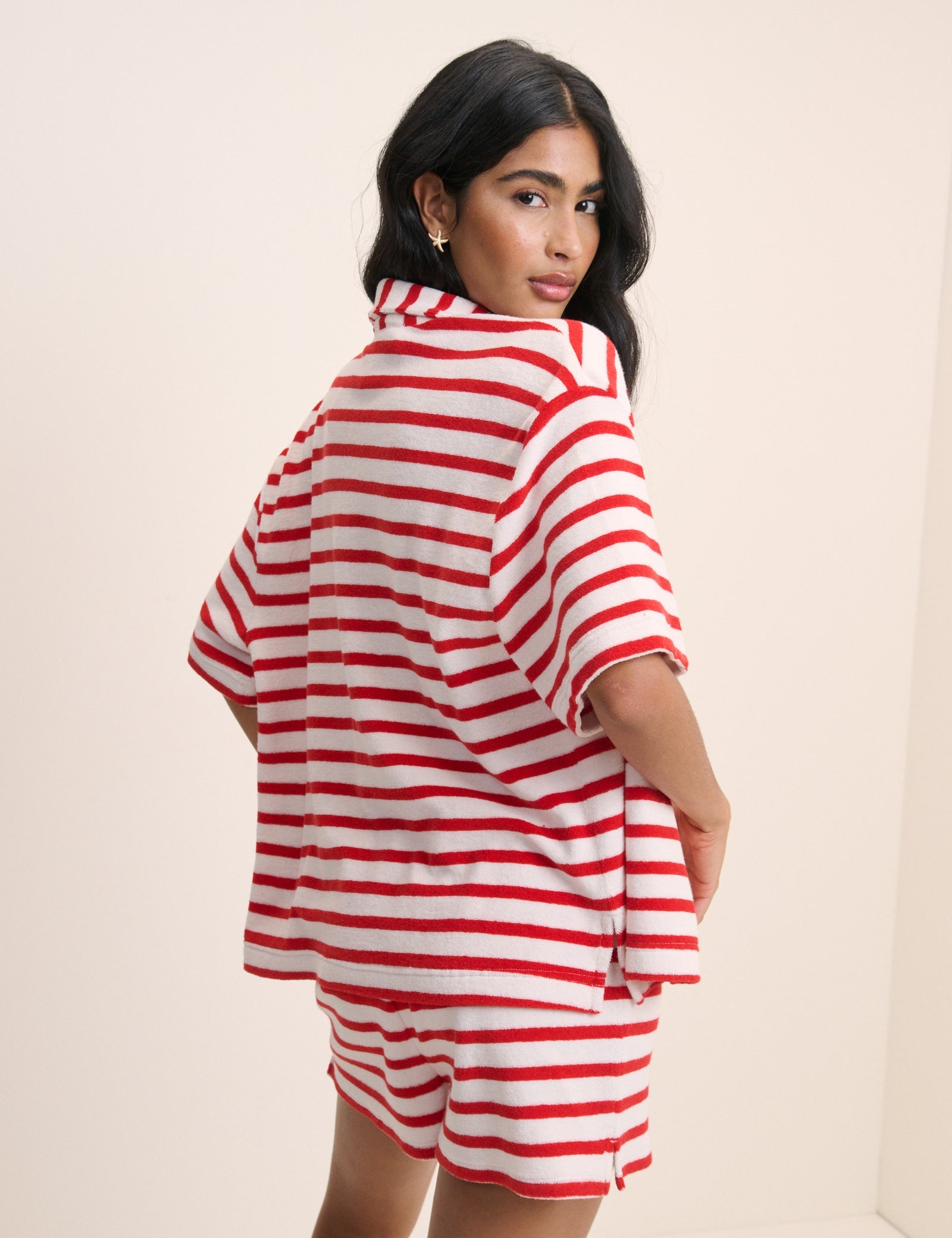 Red Striped Towelling Beach Shirt