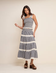Navy Gingham Shirred Ruffle Trim Top