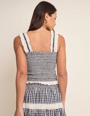 Navy Gingham Shirred Ruffle Trim Top