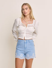 Light Wash Embroidered Scallop Denim Shorts