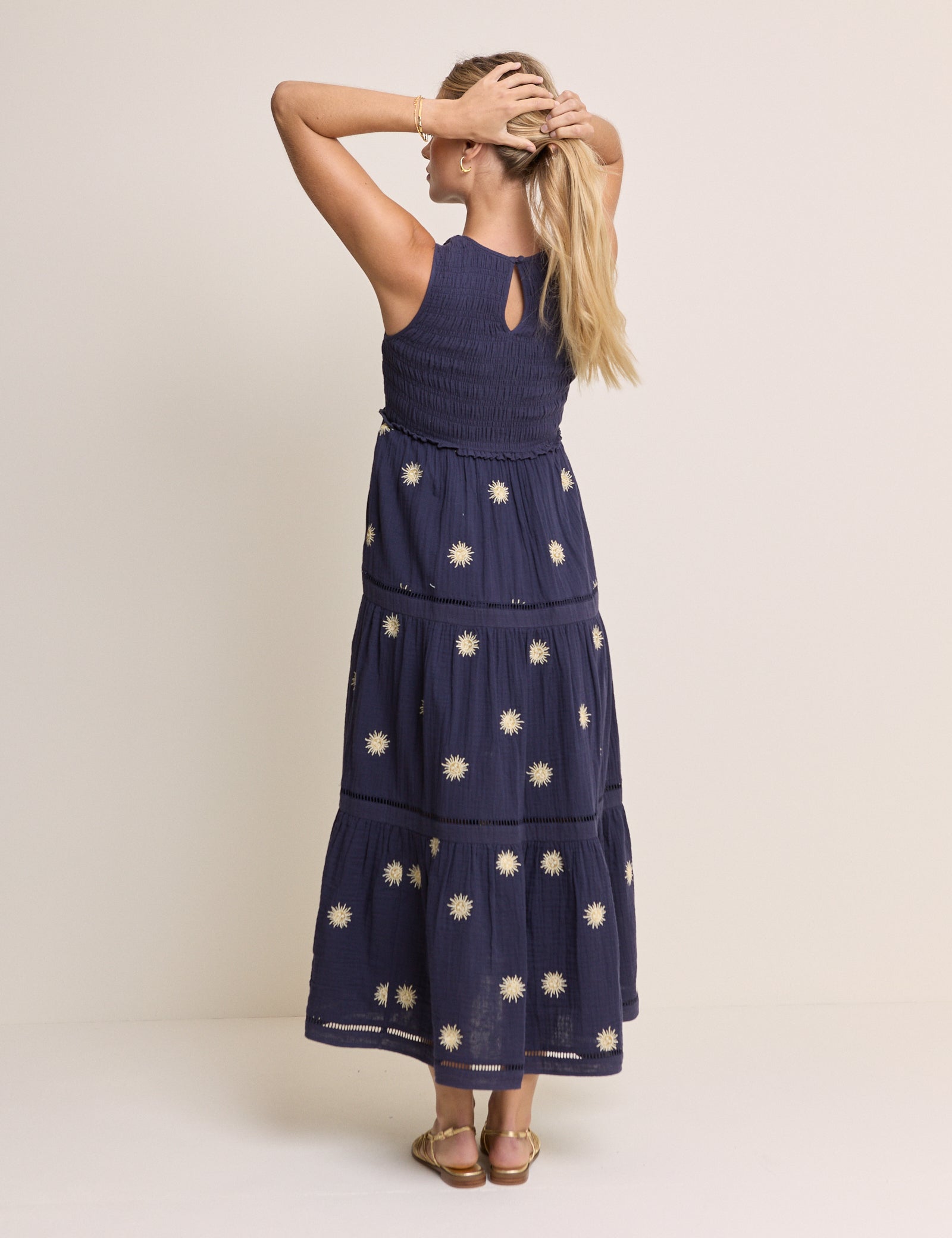 Navy Embroidered Tiered Calloway Midi Dress