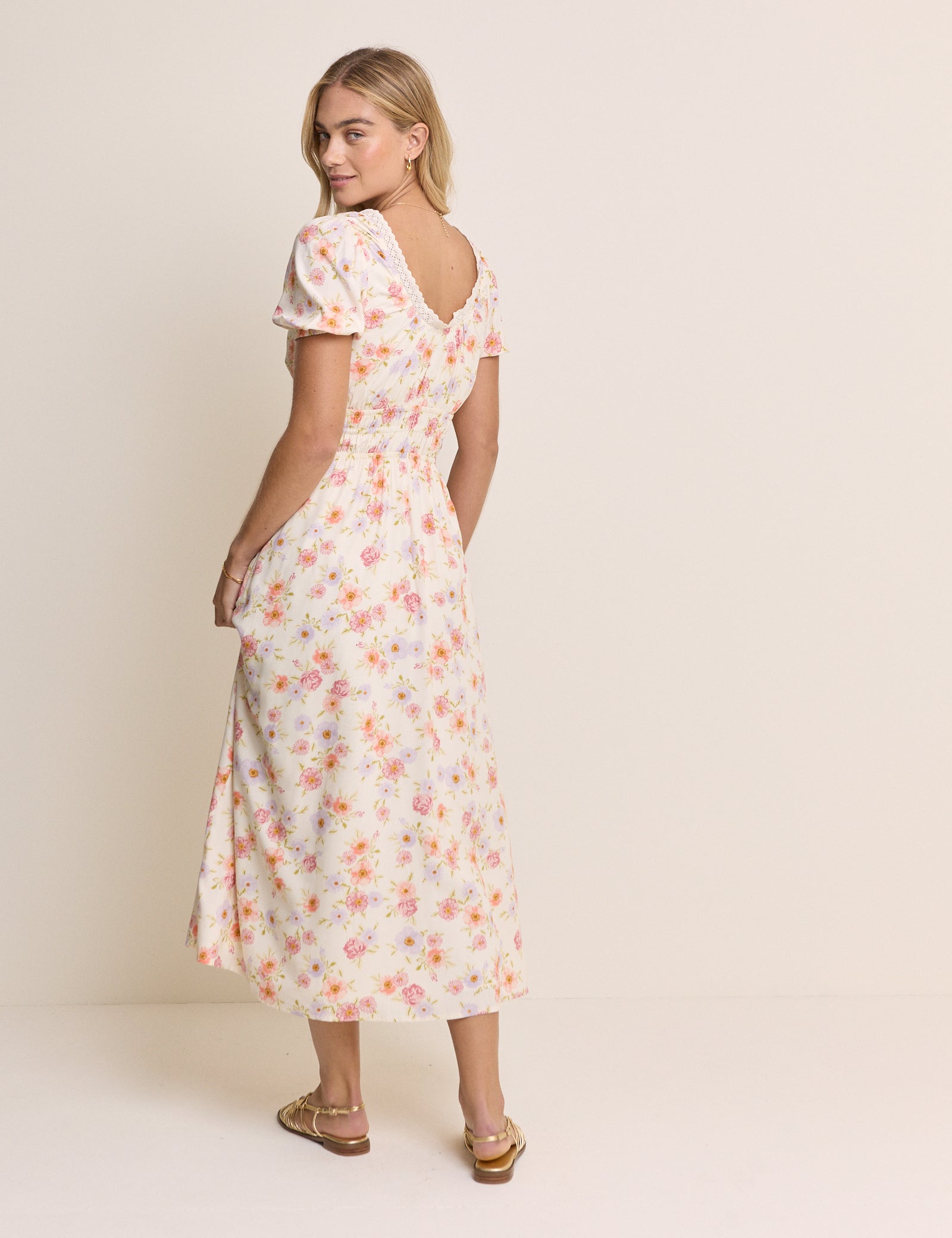White Floral Short Sleeve Isabella Midi Dress