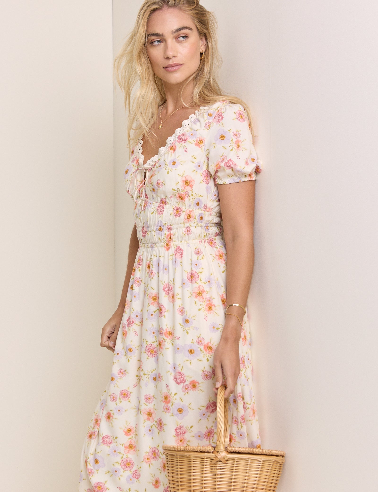 White Floral Short Sleeve Isabella Midi Dress