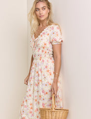 White Floral Short Sleeve Isabella Midi Dress