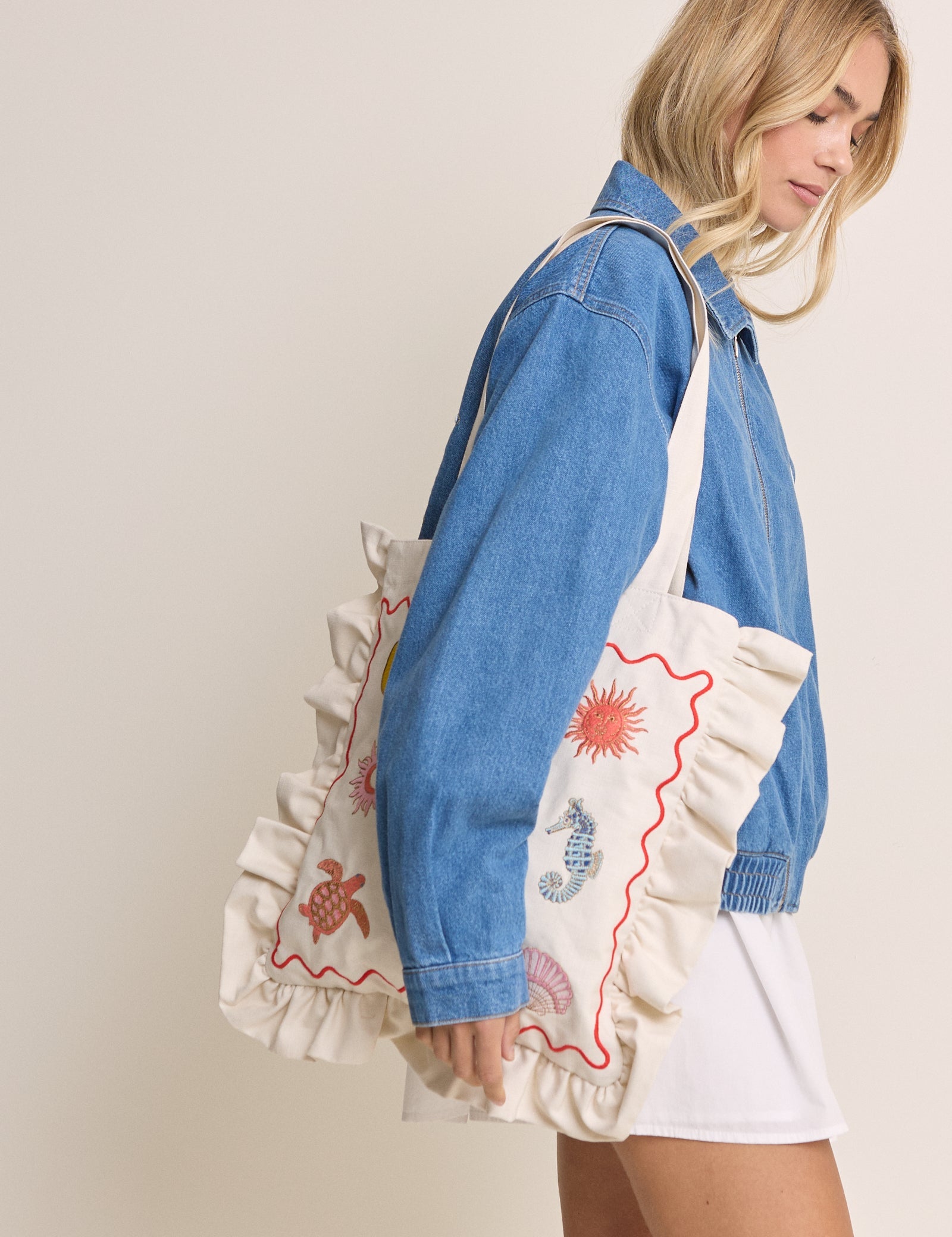 White Embroidered Frill Tote Bag