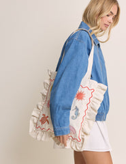 White Embroidered Frill Tote Bag