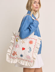 White Embroidered Frill Tote Bag