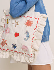 White Embroidered Frill Tote Bag