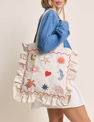 White Embroidered Frill Tote Bag