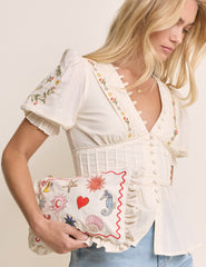 White Embroidered Frill Pouch