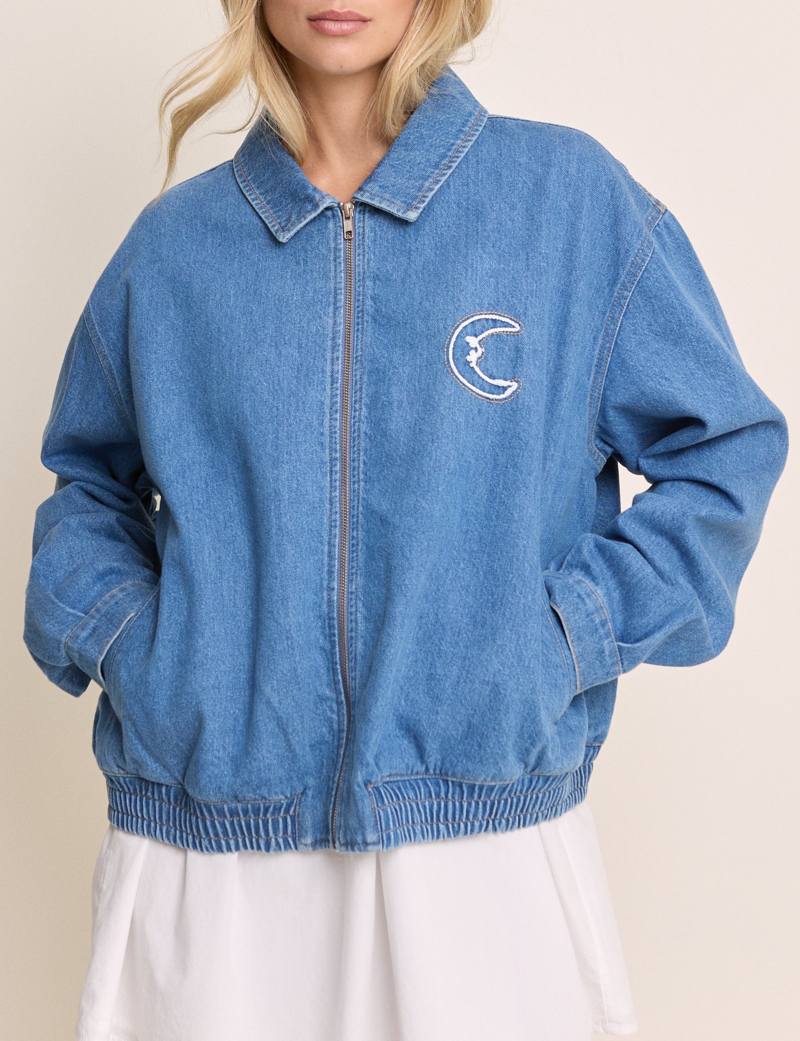 Mid Wash Embroidered Bomber Jacket