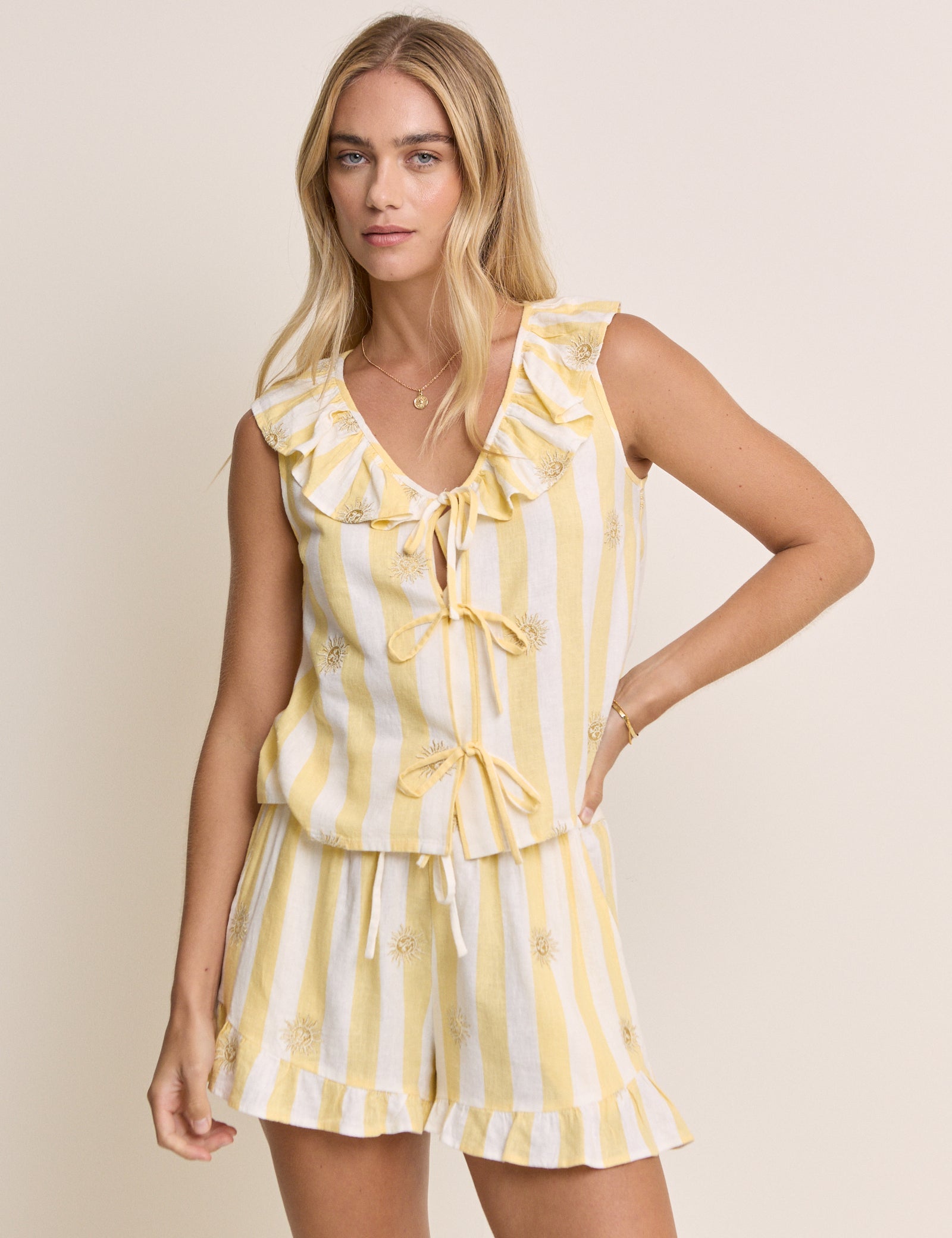Yellow Striped Ruffle Hem Linen-Blend Shorts