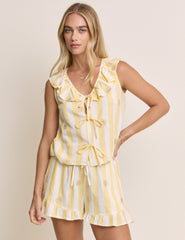 Yellow Striped Ruffle Hem Linen-Blend Shorts