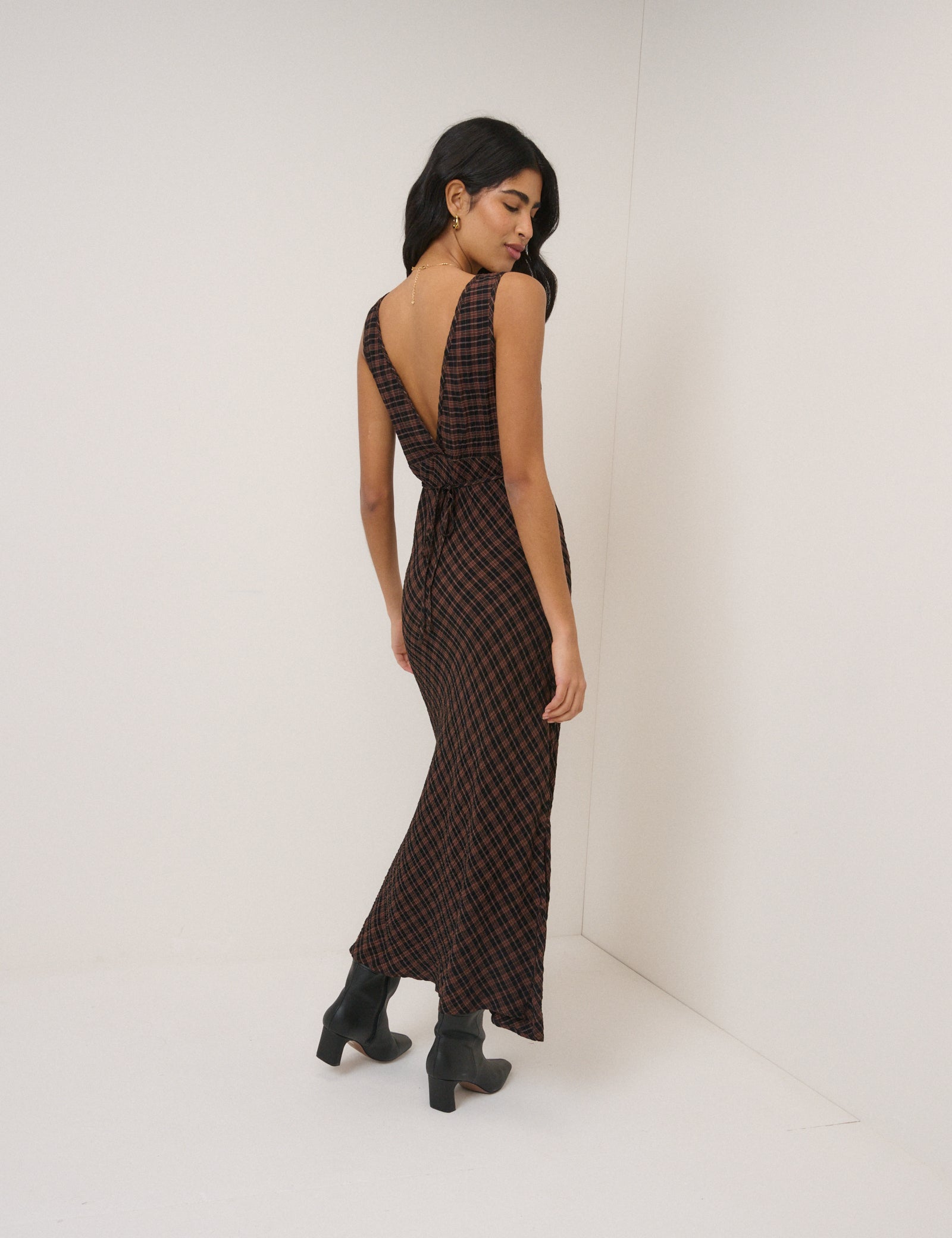 Brown Check Harmony Sleeveless Midi Dress