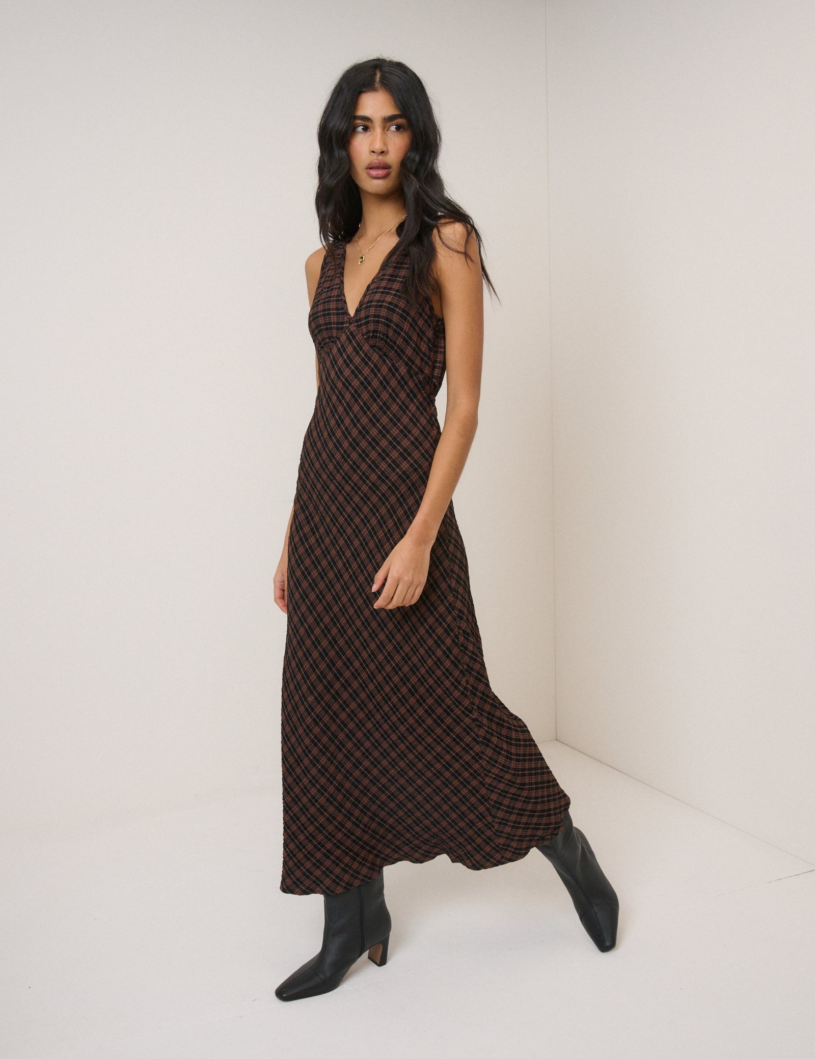 Brown Check Harmony Sleeveless Midi Dress