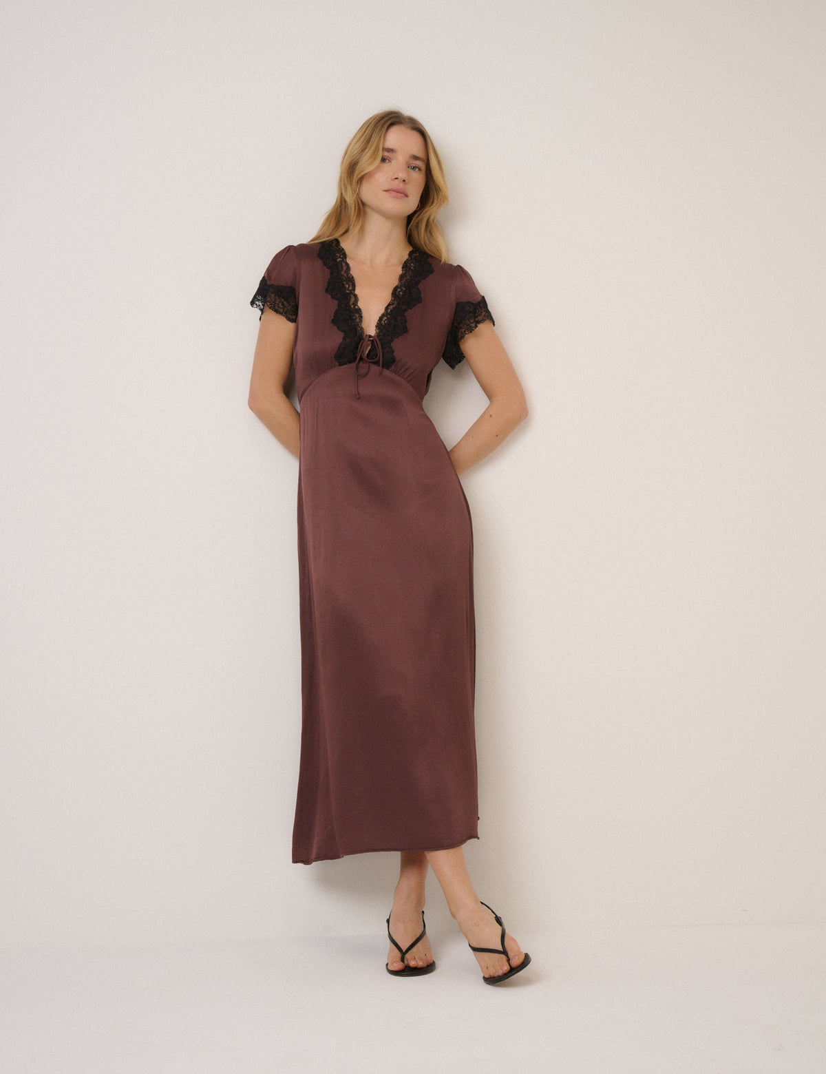 Brown Lace Trim Aida Midi Dress