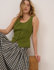 Green Scoop Neck Button Front Sleeveless Top
