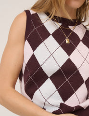 Pink And Brown Knitted Argyle Vest Top
