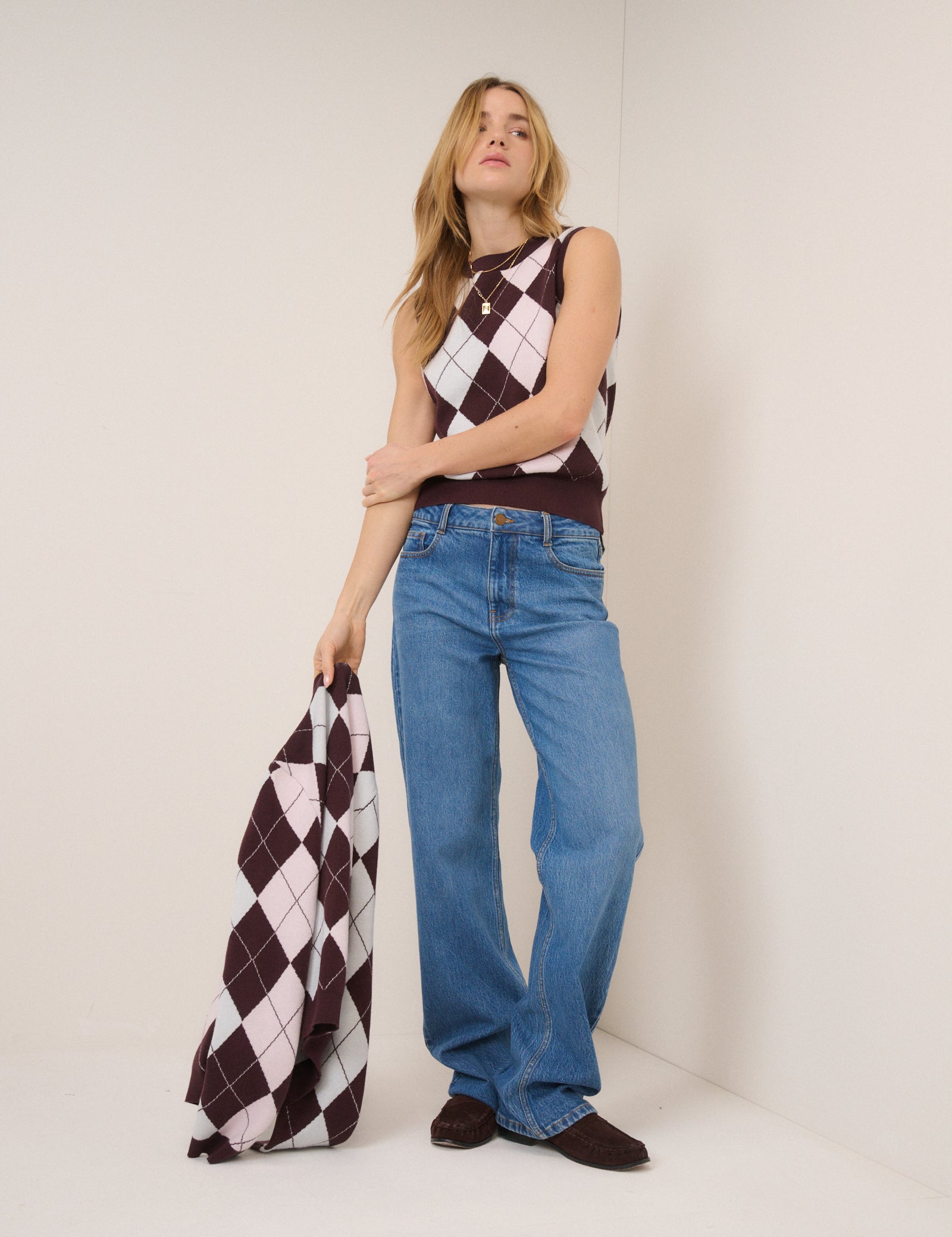 Pink And Brown Knitted Argyle Vest Top
