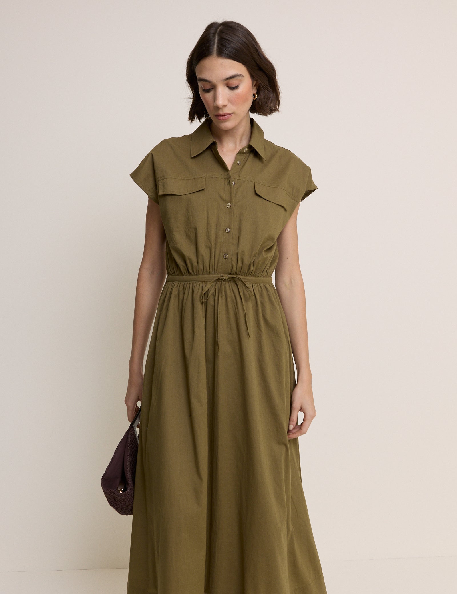 Khaki Mason Shirt Midi Dress